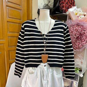 Black White Striped Cardigan Cropped Cute